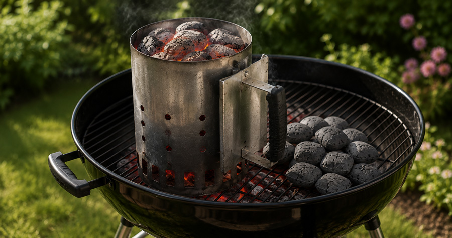 Grillbriketts im Anzündkamin auf einem Kugelgrill während des Anzündens