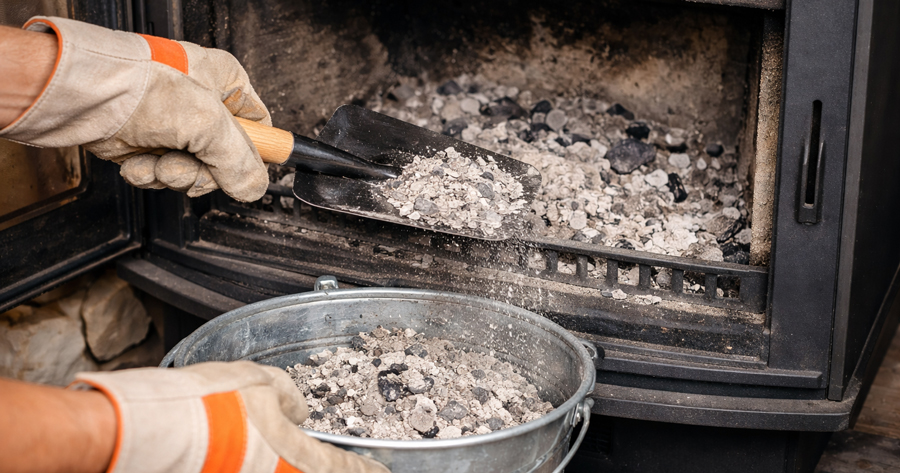 Entfernen der Asche aus dem Brennraum beim Frühjahrsputz mit Handschuhen