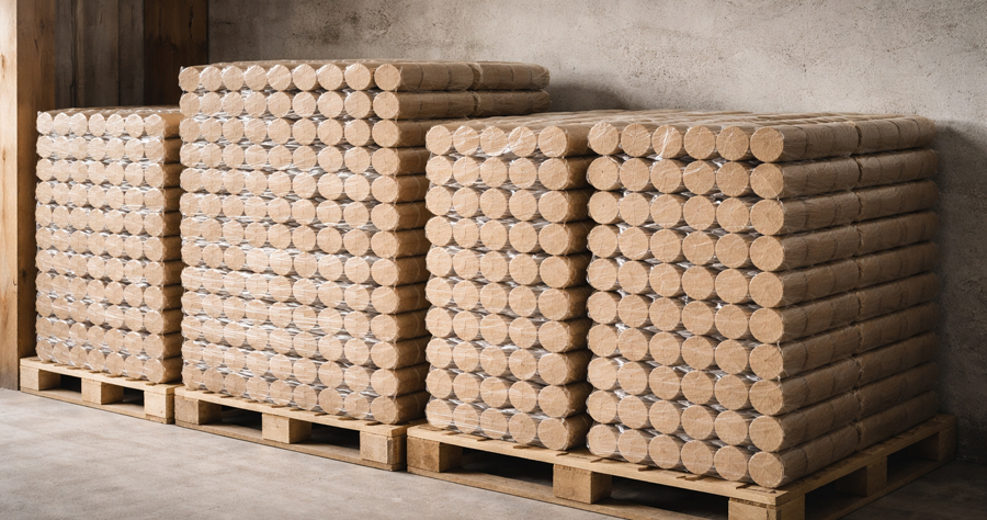 Holzbriketts trocken und geschützt im Innenraum gelagert